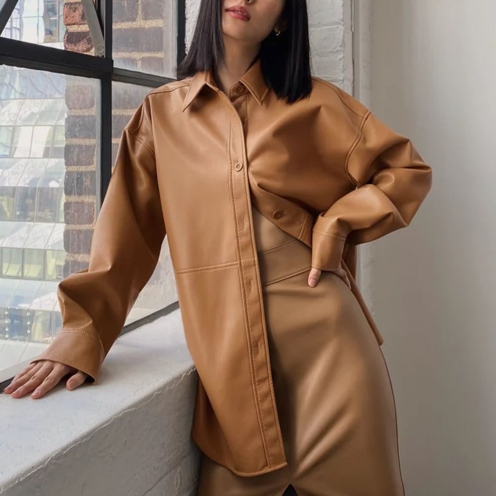 Babaton Pelli Shirt Jacket Sz XL Constant Caramel Faux Leather Oversized Shacket